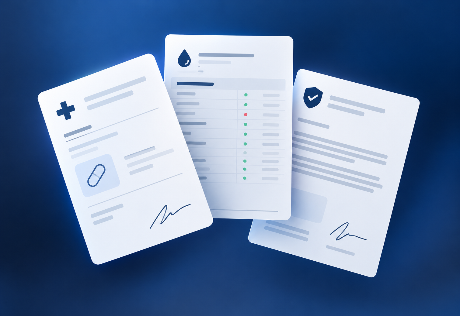 Ilustración de una receta, resultados de estudios y documentación médica.